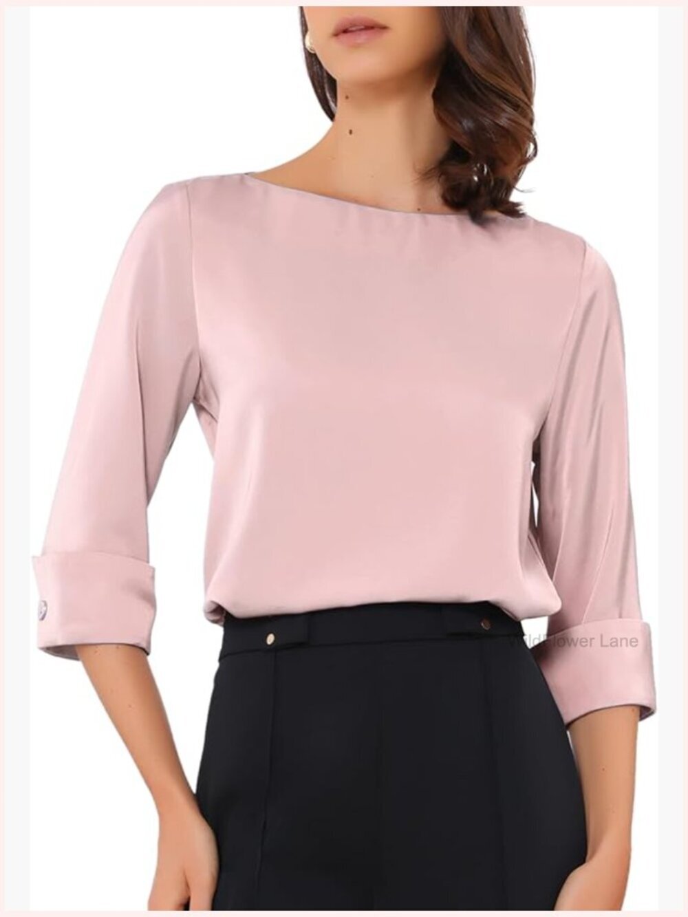 Satin Blouse Elegant Dressy Top Boat Neck 3/4 Sleeve Work Blouse